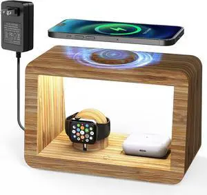 Bamboo Wireless Charging Station: 3-in-1 Wireless Charger with Night Lights - Fast Charging Stand Compatible with iPhone 16/15/14/13/12 Pro Max/X/Xs Max/8  Watch Series 10/9/8/7/6/5-2/SE