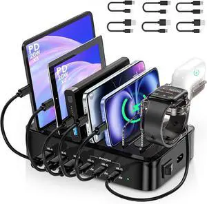 Phone Charging Station for Multiple Devices - 90W 6 Port Charging Station Organizer 3PD 20W USB-C Fast Charging Dock for iPhones/iPads/Tablet/Kindles with 6 Mixed Cables Air pod& Watch Holder