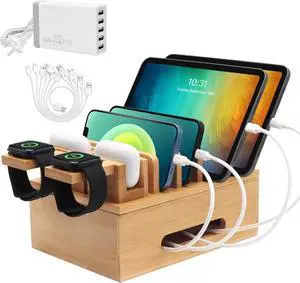 Bamboo Charging Stations for Multi Devices with 5 Port USB Charger 6 Cables Desktop Wood Docking Station Charger Organizer for Cell Phones Tablets Earphone Watches