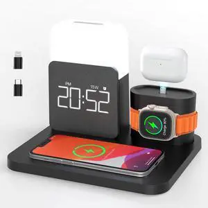 7 in 1 Charging Station for iPhone Wireless Charging Station Alarm Clock Night Light Wireless Charger for iPhone 16 15 14 13 12 Pro Max &  Watch - Charging Stand Dock for AirPods