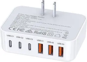 100W USB C Wall Charger Block 6 Port Fast Charger Plug Adapter with PD USB-C + QC USB A Multiport Type C Charging Block Station Cube Hub for iPhone 16 15 14 13 12 11 Pro Max XR XS 8 7