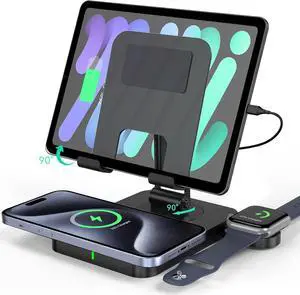3 in 1 Wireless Charger for  Charging Station for iPhone Mag Safe Charger for iPhone 16 Pro Max/15/14/13/12 Foldable Watch for  Watch 10/9 Rotating Stand for iPad Charging Station (Black)