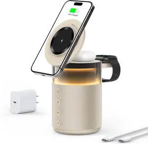 5-in-1 Wireless Charging Station with Bluetooth Speaker Magnetic Charger with Night Light Charger Stand with 33W Adapter Compatible with iWatch iPhone 16 15 14 13 12 Pro Max Wireless Earbuds