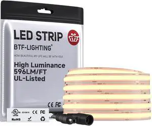 FCOB COB LED Strip 6000K 596LM/FT Super Bright UL Listed DC24V 16.4FT 480LED/m 10mm Width Flexible High Density CRI 90+ Dimmable LED Light for Home Indoor Decor(No Controller or Adapter)