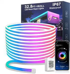 32.8FT Neon LED Rope Lights IP67 Waterproof LED Lights for Bedroom Flexible LED Light Strip with Remote and APP Control RGB Lighting Strip for Indoors Outdoors Bedroom Room Home Decor