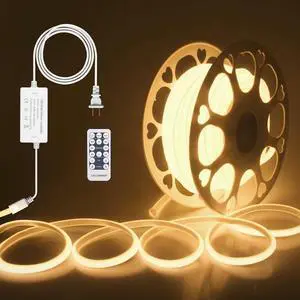 120V 110V COB Led Strip Light Kit Dimmable Waterproof IP67 3000K 65.6ft Warm White LED Light Strips Outdoor 5760LEDs Super Bright Neon Rope Lights with Remote for Home Commercial Lighting