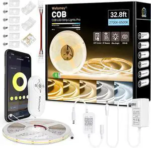 COB LED Strip Light White Dimmable 2700K-6500K High Density 6080LEDs 24V Flexible LED Tape Light with Remote and APP Control for Under Cabinet Bedroom Kitchen DIY Lighting 1 Rolls of 32.8ft