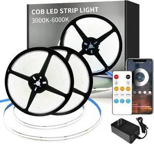 COB LED Strip Lights 100ft 6000K DC 24V Dimmable White Flexible LED Rope Lights for Bedroom with Remote and app Control LED Lights Strip for Living Room Shelf Cabinet