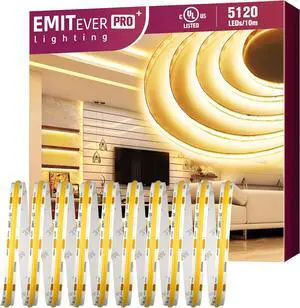 COB LED Strip Lights Warm White 3000K Tape Light Premium High Density DC 24V 400+Lumens/ft 5120LEDs/Spool Ra 90+ 32.8ft/10m UL Listed 5 Year After-Service(Power Supply Sold Separately)