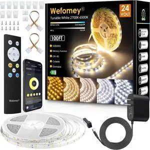 White LED Strip Lights Upgraded 100ft Dimmable 2700K-6500K Bright 24V LED Light Strip with Remote and App Control 1440 LEDs Flexible Tape Lights for Living Room Bedroom Kitchen Ceiling