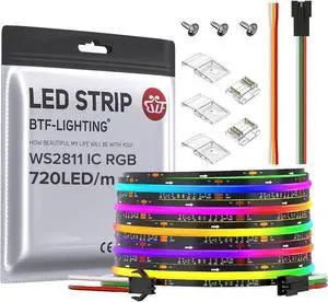 FCOB WS2811 IC RGB COB LED Strip DC12V 720LED/m 16.4FT Flexible High Density Uniform Chasing Color Light 20IC/m 12mm Width Black PCB for Indoor Decor(No Adapter or Controller)