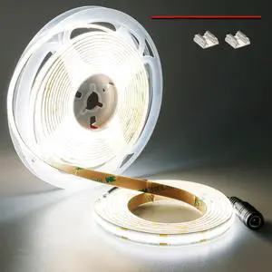 12V COB LED Strip Lights Daylight White 5000K 480LED/M Super Bright 4000lm CRI 93+ 16.4ft/5M Dotless High Density Cuttable Flexible IP20 Indoor Use for Cabinet Home DIY Lighting Projects
