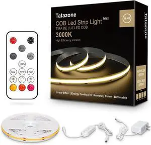White COB Led Strip Lights Max with RF Remote 16.4ft 3000K Dimmable Ultra Bright Warm White COB Light Strip Adhesive Indoor COB Led Lights for Living Room Shelf Cabinet