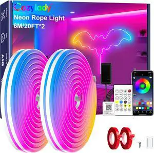 40Ft (20Ft *2 Rolls) RGB LED Neon Rope Lights for Bedroom 12m LED Strip Lamp with Double Sided Adhesive Tape App/Remote Control DIY Lights Decorate The Outdoor and Indoor of Your Home
