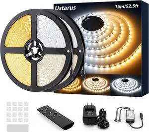LED Strip Lights White 52.5ft 24V Dimmable 3000K-6000K LED Tape Rope Light with Remote Flexible 2835 LED Ribbon for Kitchen Under Cabinet Mirror Room Indoor Home Daylight Warm White