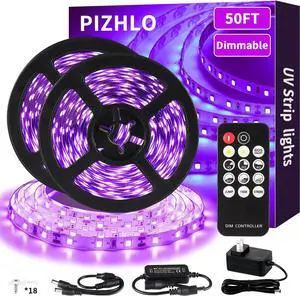 50 Foot Black Light Strips & Remote Dimmable Flexible Blackights Strip Lights for Glow Party Body Paint Birthday Bedroom Room Fluorescent Tapestry Poster Non-Waterproof 900 LEDs 50ft/15M