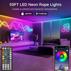 50Ft Neon Rope Lights Flexible Led Rope Lights Control with App/Remote Multiple Modes Rope Lights IP65 Outdoor RGB Led Neon Lights Waterproof Music Sync Gaming Led Neon Light Strip for Bedroom Decor