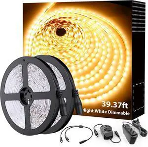 Warm White LED Strip Lighting 39.37ft 3000K Dimmable Led Tape Light 12m Bright 720 LEDs 2835 Flexible Ribbon Christmas Light 12V Adhesive Rope Lights for Kitchen Under Cabinet Bedroom
