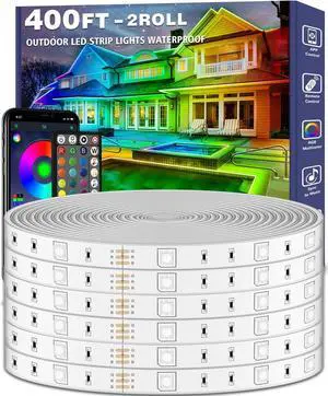 400ft Outdoor LED Strip Lights Waterproof IP68 Outside Led Light Strips Waterproof with App and Remote Music Sync RGB Exterior Led Rope Lights with Self Adhesive Back for Roof Deck