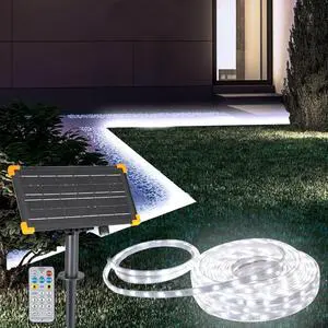 50Ft Solar LED Strip Lights Outdoor Large Capacity Solar Powered Flexible Tape Lights with Remote Dimmable 8 Lighting Modes for Patio Pool Camping Decor 6000K Cool White