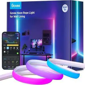 Neon Rope Light for Wall Lining LED Rope Lights Work with Matter Google Assistant Alexa 16.4ft RGBIC Strip Lights with Smart App Control and Music Sync for Living Room Bedroom Wall Corners