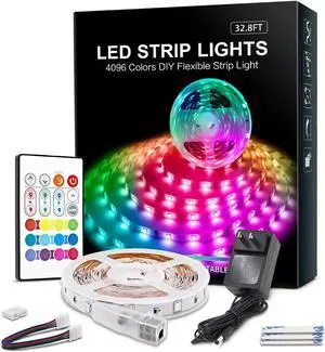 RGB LED Strip Lights 32.8ft 4096 DIY Colors Rope Lights with Memory Function Self-Adhesive Color Changing Light Strip with Remote 30mins Timing Off LED Tape Light Kits for Home Decor