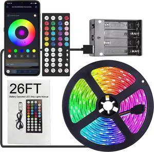 Battery Operated LED Strip Lights 26ft Color Changing RGB APP & Remote Control Music Sync USB Powered Cuttable - for Bedroom TV Backlight Party Kitchen Camping