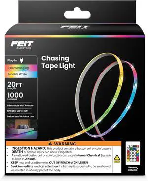 20ft Chasing & Tunable White LED Tape Light RGB Colors Dimmable Cut-to-Size Linkable Up to 40ft Remote Control Indoor/Outdoor Plug-in Light Strip Slim 0.4in Width TAPE240/CHASE