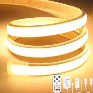 COB LED Strip Lights Pro 16.4Ft Warm White Dimmable Led Rope Light with Remote Flexible Cuttable Waterproof 3000K Silicone Neon Lights for Bedroom Indoor Outdoor Cabinet