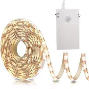 Battery Operated Motion Sensor Cabinet Strip Lights 9.8Ft 90 LED Counter Closet Strip Light Motion & Night Sensor Safe Tape Light for Stairs Wardrobe Kitchen (Warm White)