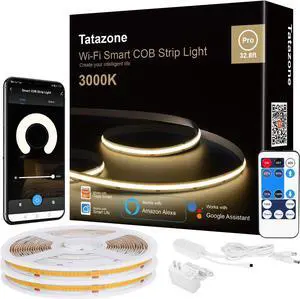 Smart White COB Led Strip Light with Remote 32.8ft 3000K Bright Warm White WiFi COB Light Strip Compatible with Alexa Google Dimmable Indoor Led Lights for Cabinet Room 2 Rolls of 16.4ft