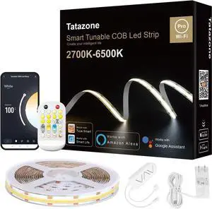 16.4ft Tunable White Smart COB Led Strip Light Kit CCT 2700K-6500K Bright COB Led Tape Light Compatible with Alexa and Google Dimmable Indoor COB Led Ribbon for Kitchen Cabinet Room TV