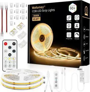 65.6ft COB LED Strip Light with Remote 3000K Dimmable Bright Warm White Led Lights Strip Flexible DC24V Led Tape Light for Bedroom Kitchen DIY Lighting (2 Rolls of 32.8ft)
