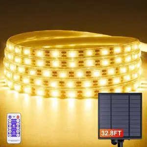 32.8FT Solar LED Strip Lights Outdoor Warm White 600LEDs Solar & USB Powered Dimmable Strip Lights with Remote IP65Waterproof LED Strips for Gazebo Balcony Swimming Pool Deck Decor