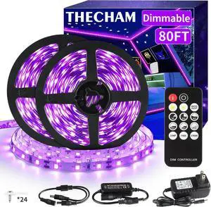 80ft Black Lights Strip with Remote 1440 LEDs 12V Flexible Blackights for Glow Party Adjust Brightness Delay Off 3 Light Modes Indoor Fluorescent Party Stage Lighting