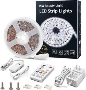 White LED Strip Lights 16.4ft Dimmable LED Light Strip with RF Remote 300 Bright 6500K 2835 LEDs Strong Adhesive LED Tape Light with Timing Mode for Mirror Bedroom Kitchen Cabinet