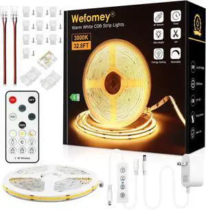 COB LED Strip Light Warm White 3000K 32.8ft Dimmable Bright 24V Led Tape Light with RF Remote Indoor COB Led Lights for Bedroom Kitchen Under Cabinet DIY Lighting 1 Rolls of 32.8ft
