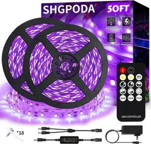 50 Foot Black Light Strip & Remote 900LEDs Dimmable 12V Flexible Black Lights for Glow Party Bedroom Hallween Fluorescent Tapestry Poster 3 Light Modes Non-Waterproof
