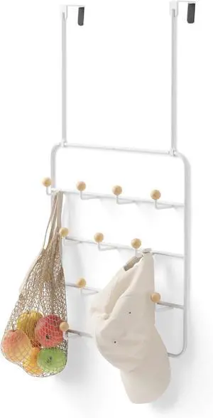 Estique Over The Door Coat Rack & Multi-Use Organizer For Coats Bags Hats & More White/Natural