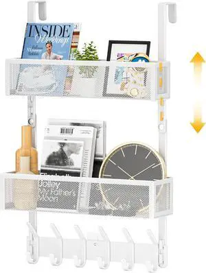 Adjustable Over The Door Hooks Organizer Hanger Storage with 10 Coat Hooks & 2 Mesh Basket Over The Door Towel Rack Organizer for Bathroom Bedroom Kitchen (White)