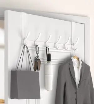 Over The Door Hooks Hanger with 7 inches Extended Arms Tool-Free Assembly Fits 1 3/8 Doors F18U Bathroom Towel Rack Organization Thickened 6-Double Hook Glossy White