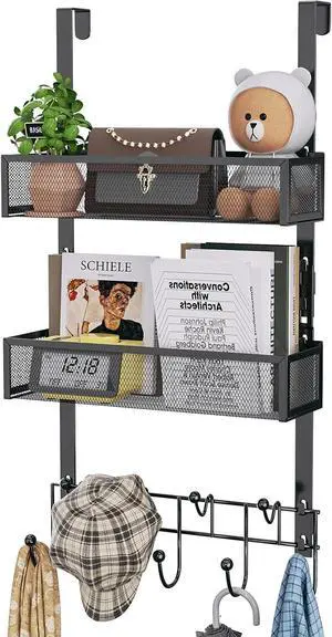 Over The Door Hanger with Coat Hooks and 2 Baskets Rustproof & Waterproof Over The Door Hooks Storage Organizer for Hats Bathroom Kitchen Bedroom-Black (for 1.76in Doors)