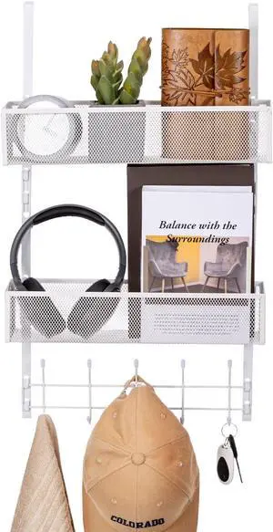 Over The Door Hooks Organizer Coat Rack with 5 Hooks and 2 Mesh Baskets Bathroom Door Organizer Behind The Door Storage Organizer for Bathroom Bedroom Kitchen Office(White)