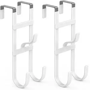 Over The Door Hooks - 2 Pack Heavy Duty Triple-Hook Organizer Hanger with Non-Slip Rubber for Towels Clothes Hats & Bags Use in Bathroom Bedroom Kitchen - Fits Interior Doors Up to 1.6 White