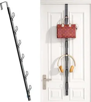 Over The Door Hooks Long with 6 Hooks Behind The Door Towel Racks for Bathroom Door Purse Bag Coat Robe Hanger Hat Clothes Hanging Organizer with Non-Slip Pads & Suction Cups 28.3 Inches Black