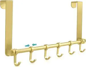 Over The Door Hooks Hanger Moving 6-Hooks Over Door Towel Rack Door Coat Hanger Upgraded Long Arms for Bathroom Accessories (Gold)