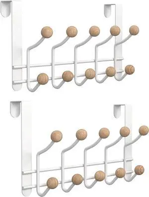 Over The Door Hooks 2 Pack with 10 Knobs - Heavy Duty 45lb No Drill Hanger for Bathroom Bedroom Closet Organization