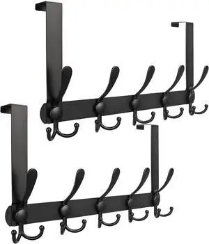 Over The Door Hooks 2 Pack Stainless Steel Door Hanger Hook Heavy Duty 5 Triple Hooks Door Coat Racks for Hanging Clothes Hats Towels(2 Pack Black)