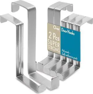 Over The Door Hooks 3 + 2 Pack - 2-Sided Stainless Steel Coat Hanger Fits Door 1 3/8 & 1 3/4 Towel Holder with Anti-Scratch & Anti-Slip Pads - Hooks for Hanging for Daily Use Wreath Hanger