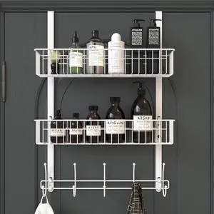 Over The Door Hooks Door Hanger Towel Rack with 10 Coat Hooks & 2 Mesh Basket Over Door Organizer for Bathroom Bedroom Kitchen Office Easy Installation White